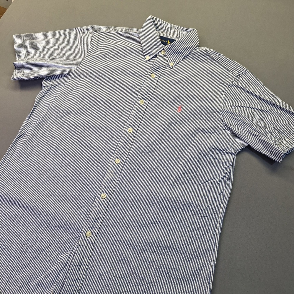 Ralph Lauren Mens Seersucker Button Down Shirt Blue White Stripe Short Sleeve M